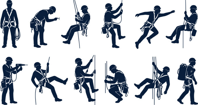 Industrial rope access worker silhouettes performing climbing and rappelling tasks with safety harnesses isolated on white background vector illustration set