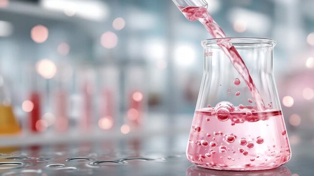 59High-detail scientific experiment in a nutrition research lab, clear chemical streaming into a pink liquid mixture, dynamic bubble formation captured mid reaction, crisp focus on b