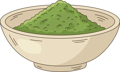 Minimalist Illustration of Matcha Green Tea Powder in a Ceramic Bowl for Culinary and Wellness Design