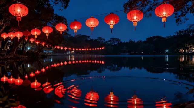 Night Lantern Reflection, Tranquil Evening Scene With Shining Red Lights On Water Surface, Peaceful Nighttime Display Featuring Luminous Lanterns Reflecting On Calm Lake Under Starless Sky.