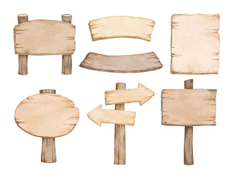 Watercolor Illustration Set of Wooden Board