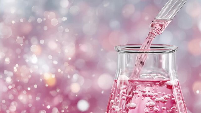 71Precision-focused nutrition research experiment, transparent solution poured into a pink liquid beaker, bubbles forming and swirling dynamically, clean professional laboratory back