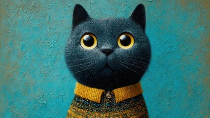Golden Gaze &ndash; Whimsical Oil Painting Portrait of a Black Cat