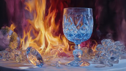 Fragile Elegance &ndash; Crystal Glass and Fire Oil Painting
