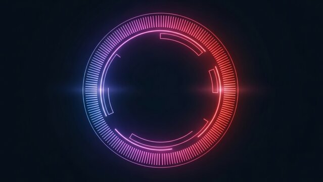 Futuristic neon circular HUD interface on dark background - Powered by Adobe