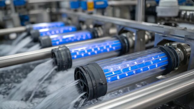 78Macro detail of UV sterilization tubes in modern purification equipment, glowing ultraviolet light reflecting off polished steel surfaces, water moving smoothly through the system