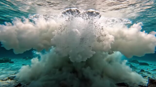 Underwater eruption with cloudy sediment plumes illuminated by sunlight in a clear ocean scene