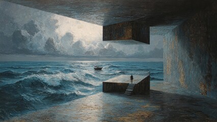 Between Sea and Silence &ndash; Surreal Architectural Oil Painting