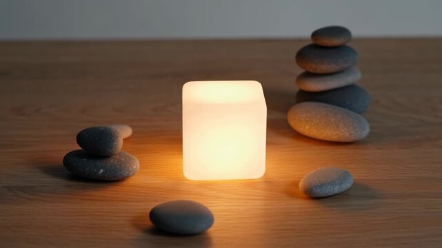 Minimal zen composition with glowing cube light and balanced stones representing mindfulness, emotional stability and modern wellness design.