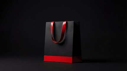 Minimalist black shopping bag with red handles and red bottom accent placed on a dark studio background with soft dramatic lighting. Luxury retail, premium branding, Black Friday, Cyber Monday