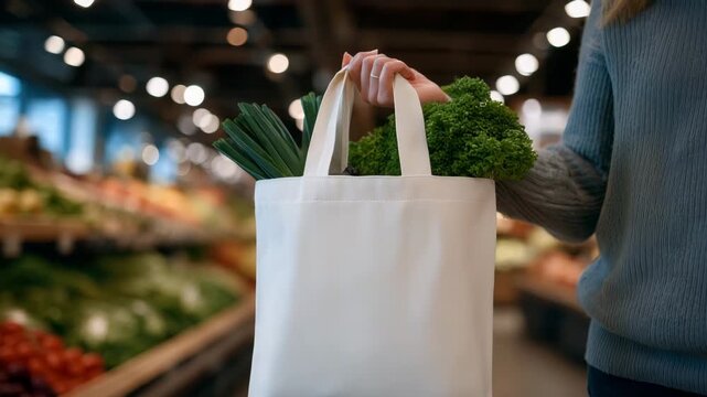 104Close-up of hands gripping fabric handles of a reusable eco bag, organic vegetables inside pressing against the canvas, supermarket aisle with produce shelves out of focus, warm cl