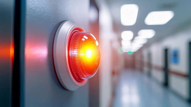 Emergency alert button in hospital corridor representing mental health technology, crisis response, patient safety, psychological emergency systems and healthcare infrastructure.