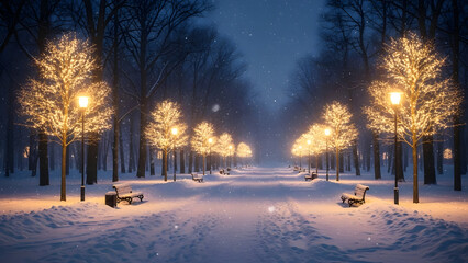 Magical winter park path illuminated by warm glowing lights and falling snow
