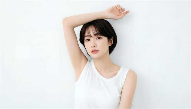 腕を頭上に置きポーズをとるショートヘアの日本人女性