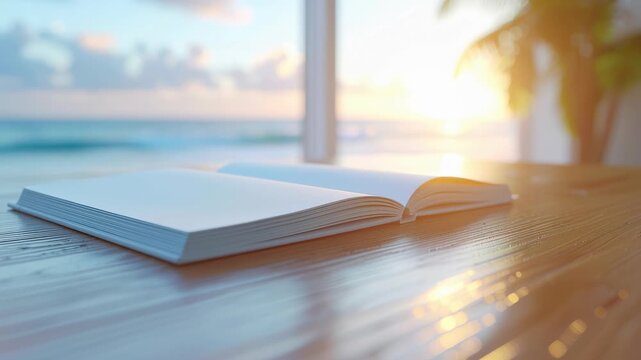 Mental health technology concept featuring an open book by the sea at sunrise. Symbol of digital detox, mindful learning, cognitive wellness and calm mental reset.