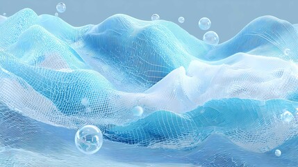 Abstract blue mesh waves with bubbles and flowing liquid texture