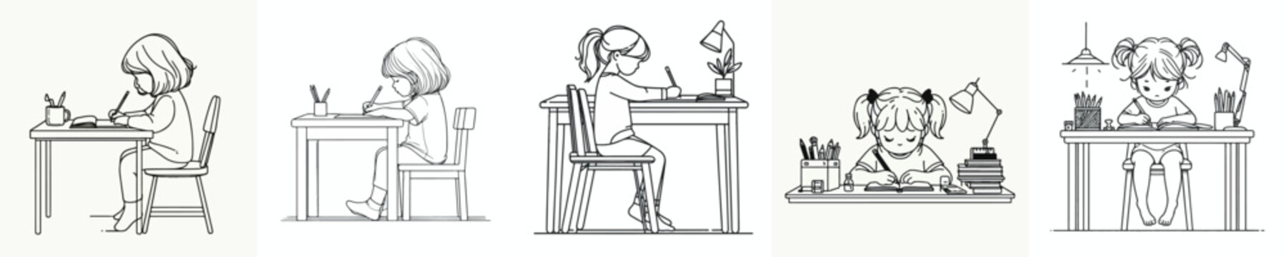 line art of a little girl studying at a desk