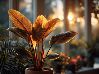 Golden Hour Illuminates Lush Houseplant in a Ceramic Pot.