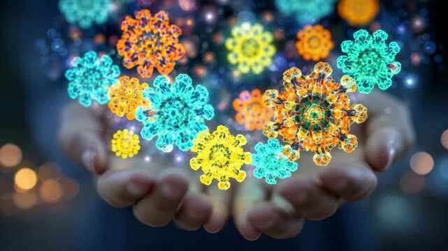 118Open palms presenting brightly colored virus-like forms, microscopic-inspired shapes enlarged for visual impact, cinematic macro style, soft diffused lighting, blurred background w