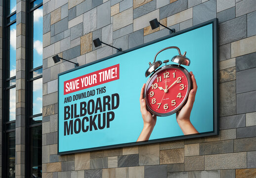 Horizontal Street Billboard Mockup on Stone Wall