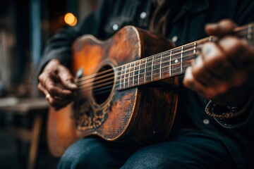Obraz premium Talented musician playing a vintage guitar with a focus on his fingers strumming melodious chords