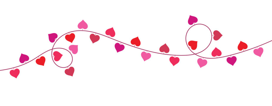 Heart garland border design. Hanging love hearts on curved line. Romantic decorative divider element. Valentine themed graphic decoration. Vector illustration