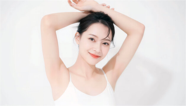 両腕を頭の上に上げて微笑む白いキャミソールの日本人女性