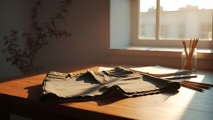 The Silent Morning of a Student: A Pleated School Skirt Lying on a Wooden Desk Under Soft Sunlight, Representing Back to School Preparation and Youthful Memories.