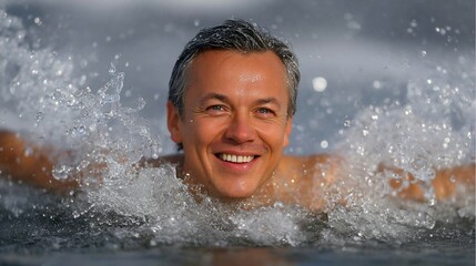 Happy man swimming in the water, enjoying the refreshing experience.