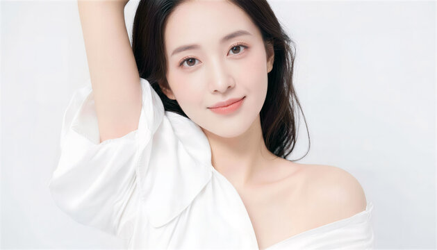 白いブラウスを着て腕を上げ微笑む日本人女性のアップ