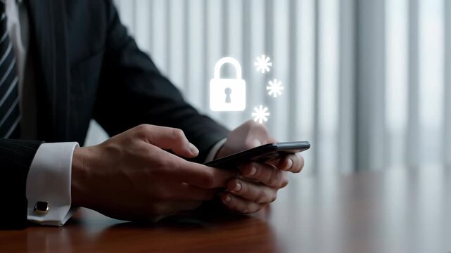 Businessman using smartphone with a digital lock icon symbolizing security and data protection.