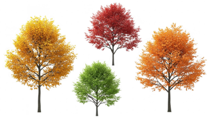 A vibrant collection of diverse deciduous trees showcasing autumn and summer foliage isolated on transparent background