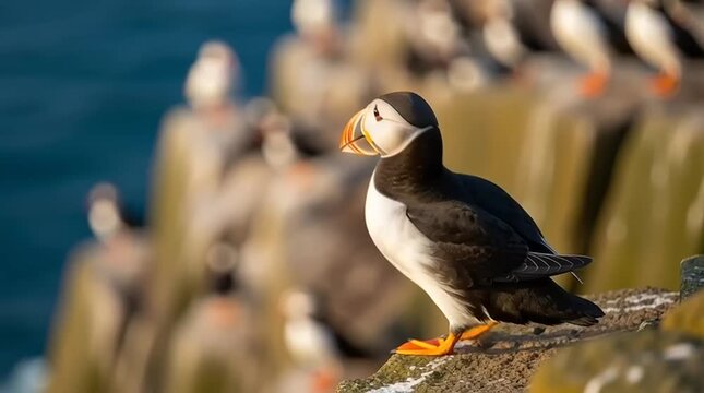Atlantic Puffin colony on rocky cliff, close-up of bird with colorful beak, coastal wildlife