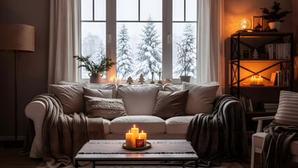 Cozy living room with glowing candles and snowy window view, perfect for winter comfort.