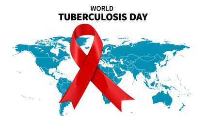 World tuberculosis day banner with red ribbon and global map background