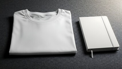 Fototapeta premium Blank white t-shirt and notebook on dark textured background.