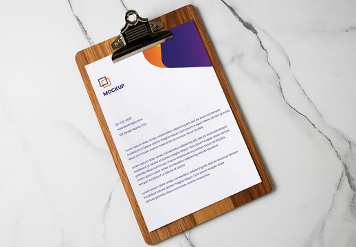 Letterhead Mockup on Wooden Clipboard with Marble Background