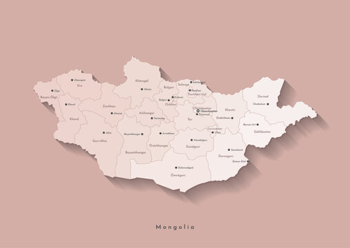 Vector modern isolated illustration. Simplified geographical map of Mongolia. Names of Mongolian cities and provinces, aimags. Beige gradient colors and brown background.