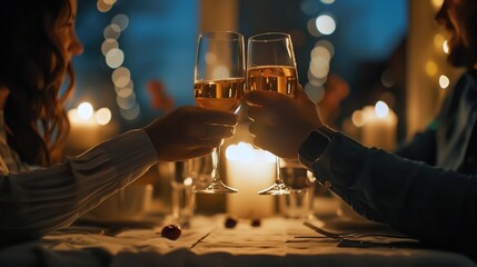 A man and woman sit together at a candlelit table, raising glasses in a toast, symbolizing romance, love, and celebration.