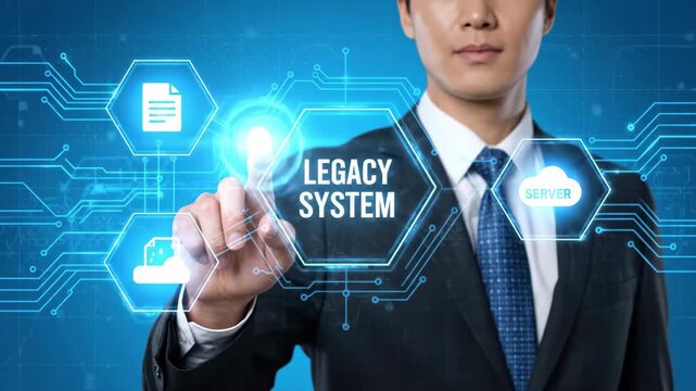 Businessman interacting with a digital futuristic legacy system interface.