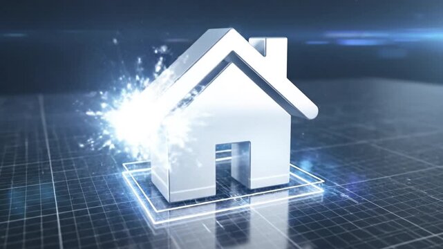 Shiny silver house icon and modern futuristic house wireframe reflective metal grid with glowing floor plan, digital technology sparks and glowing technical blueprint perspective conveying real
