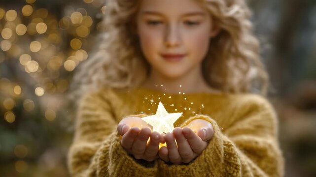 142Close-up of a young girl&rsquo;s hands gently presenting a tiny golden star, yellow sweater visible, blonde hair softly out of focus, warm and soft ambient lighting, dreamy magical feeli