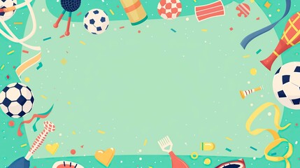 Vibrant football celebration background with soccer balls, ribbons, confetti, and fan accessories. Perfect for sports party invitations or event designs.