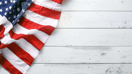 Top view of the American flag on a white wooden surface with empty space for text, slogan, greeting, logo, or announcement.