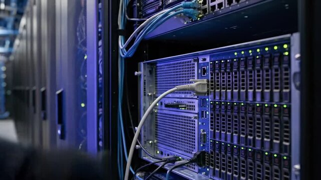 Cybersecurity Threat Landscape concept. Hand adjusting server hardware in a dark data center environment.