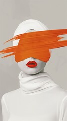 Abstract artistic portrait of a young woman with black, white, and orange paint strokes &mdash; modern minimalist fashion concept with surreal, bold, and elegant visual expression of identity.