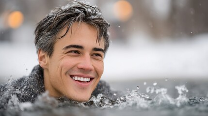 Man enjoying the cold water with a happy expression.