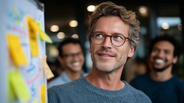 154Startup founder brainstorming ideas on a whiteboard filled with colorful sticky notes and diagrams, casual modern workspace, diverse team collaborating, sunlight reflecting on glas