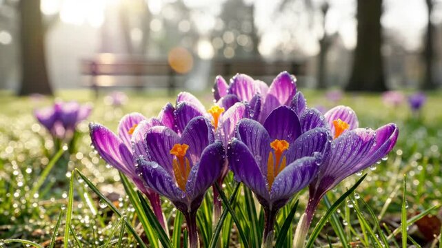 Morning light illuminating blooming purple crocus flowers in the park with bokeh background of bench and trees