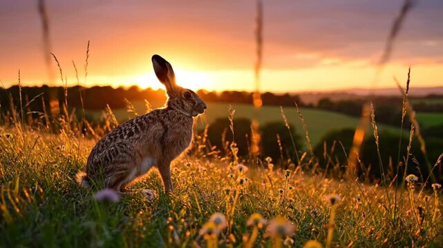 European hare sits in a field and watches the golden sunset, with tall grass and wildflowers illuminated by the sun